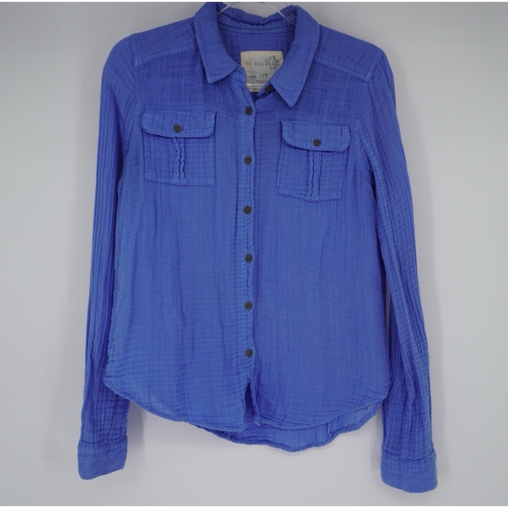 We The Free Free People Blue Cotton Gauze Button Down Shirt Long Sleeve Large‎